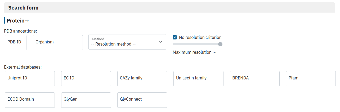 Description of the protein part of DIONYSUS search form