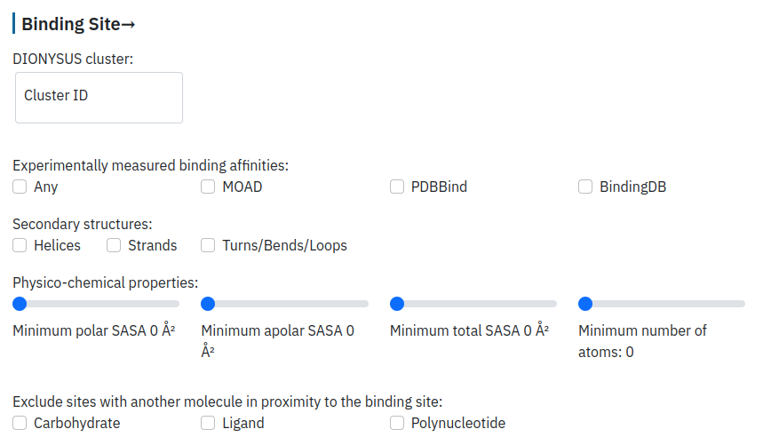 Description of the binding site section of DIONYSUS search form